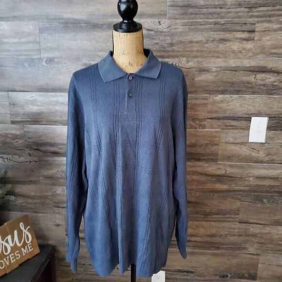 Arrow Mens Polo Pullover XL Navy Blue Gray Long Sleeve - Picture 2 of 8
